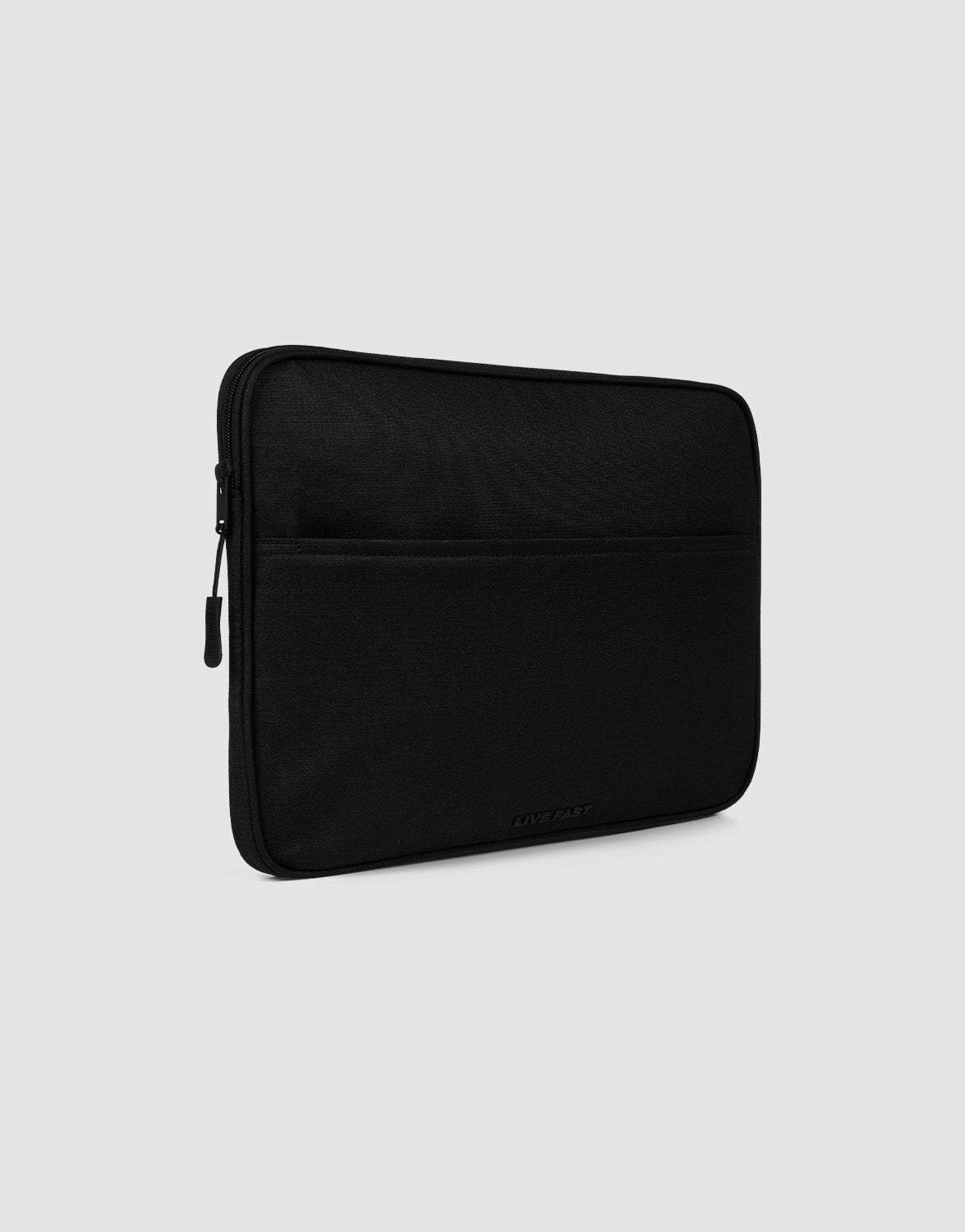 The LFDY Laptop Case by LIVE FAST DIE YOUNG is a black polyester sleeve with a zipper, featuring an Außentasche and protective Laptopfach, shown on a plain light gray background.