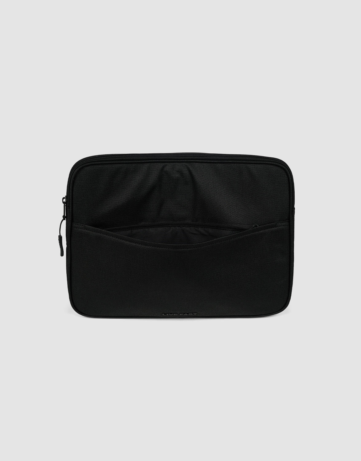 The LFDY Laptop Case by LIVE FAST DIE YOUNG is a black polyester zippered sleeve with an exterior pocket and dedicated laptop compartment, featuring a minimalist design and subtle logo, shown on a light gray background.
