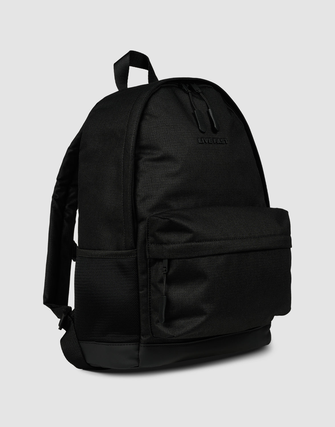 The LFDY Backpack by LIVE FAST DIE YOUNG is a black rucksack with adjustable shoulder straps, front zip pocket, side mesh pocket, top handle, and 19L capacity. Shown against a plain light gray background.