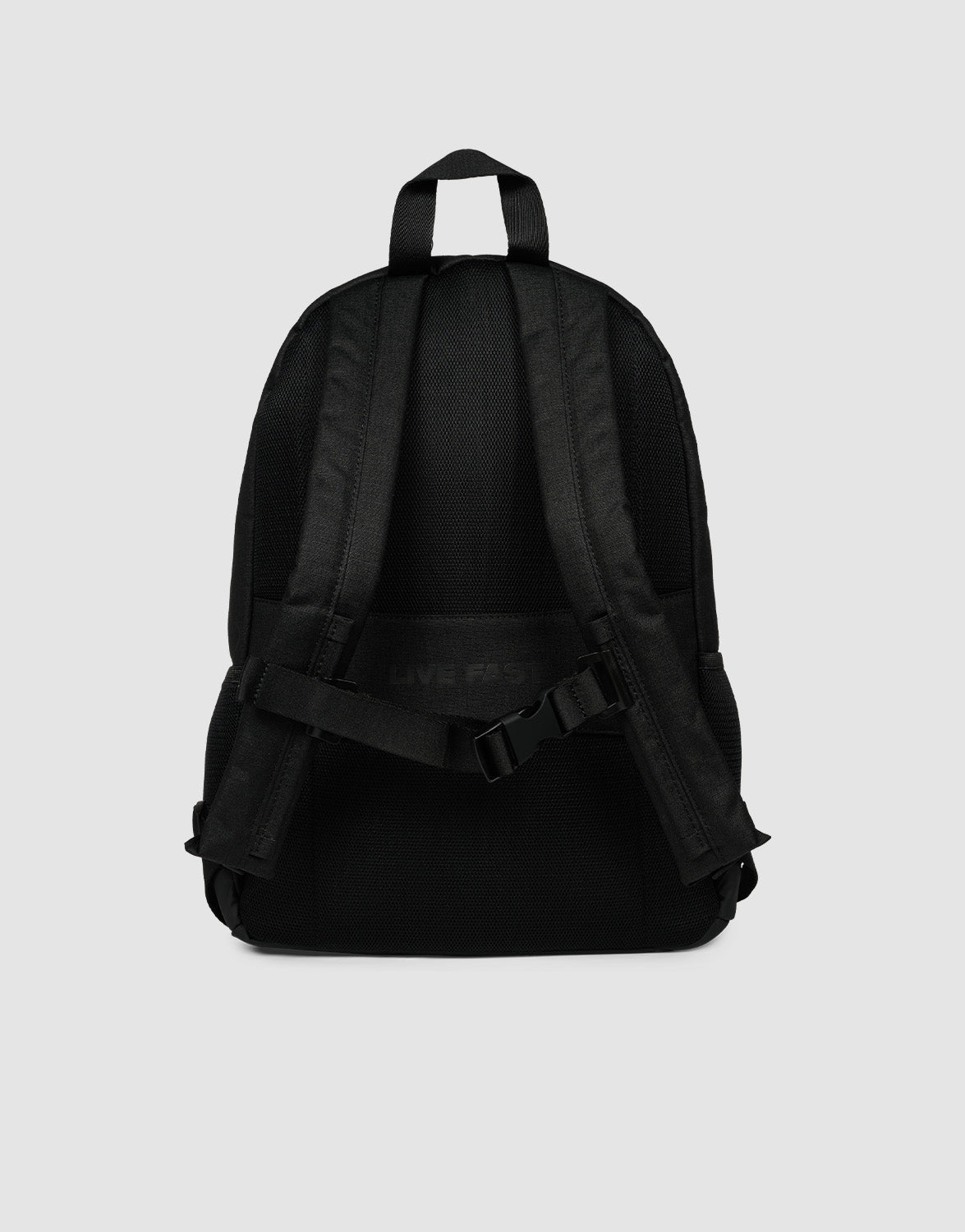 The LFDY Backpack by LIVE FAST DIE YOUNG is shown from the back, featuring adjustable shoulder straps, a top handle, and a horizontal connector. With a 19L capacity, it stands out against a plain light grey background.