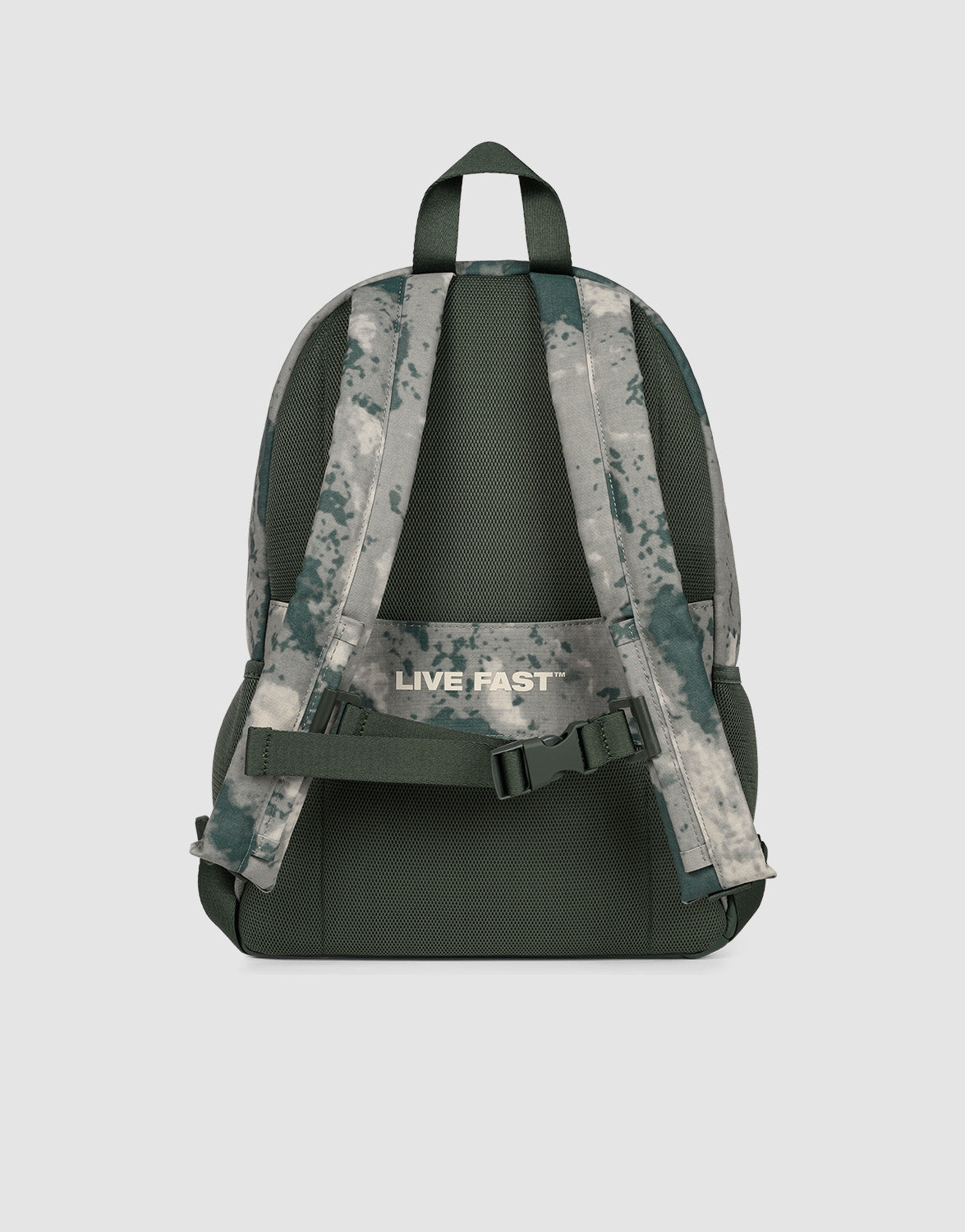 The LFDY Backpack by LIVE FAST DIE YOUNG is a 19L green and gray camo backpack, shown from the back with padded, adjustable shoulder straps. "LIVE FAST" is printed in white on one strap.