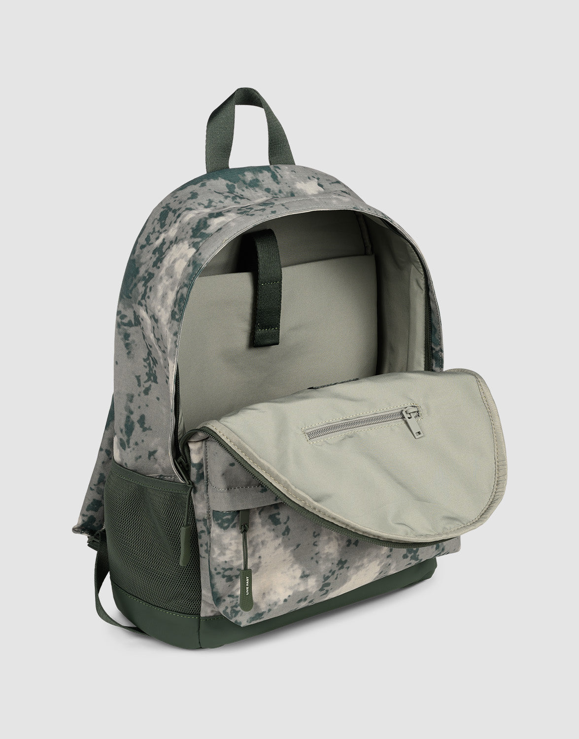 The LFDY Backpack by LIVE FAST DIE YOUNG features a green and gray tie-dye design, adjustable shoulder straps, top handle, side pocket, 19L capacity, two-tone style, laptop sleeve, and interior zippered pocket.