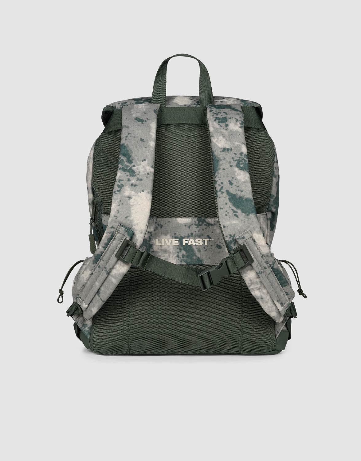 The LFDY Travel Backpack by LIVE FAST DIE YOUNG is a green and gray camouflage rucksack with adjustable padded shoulder straps, "LIVE FAST" in white on the back strap, shown from the back. Capacity: 25 liters.