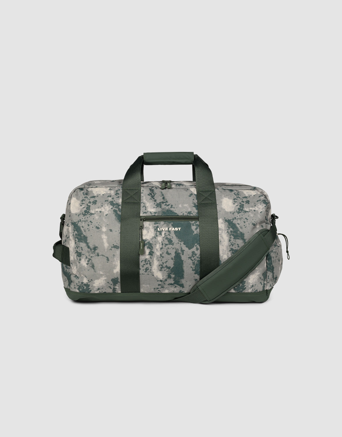 The LFDY Weekender 60 is a 43L sports bag with a gray and green camo design, dark green handles, an adjustable shoulder strap, and a front pocket featuring the LIVE FAST DIE YOUNG logo.