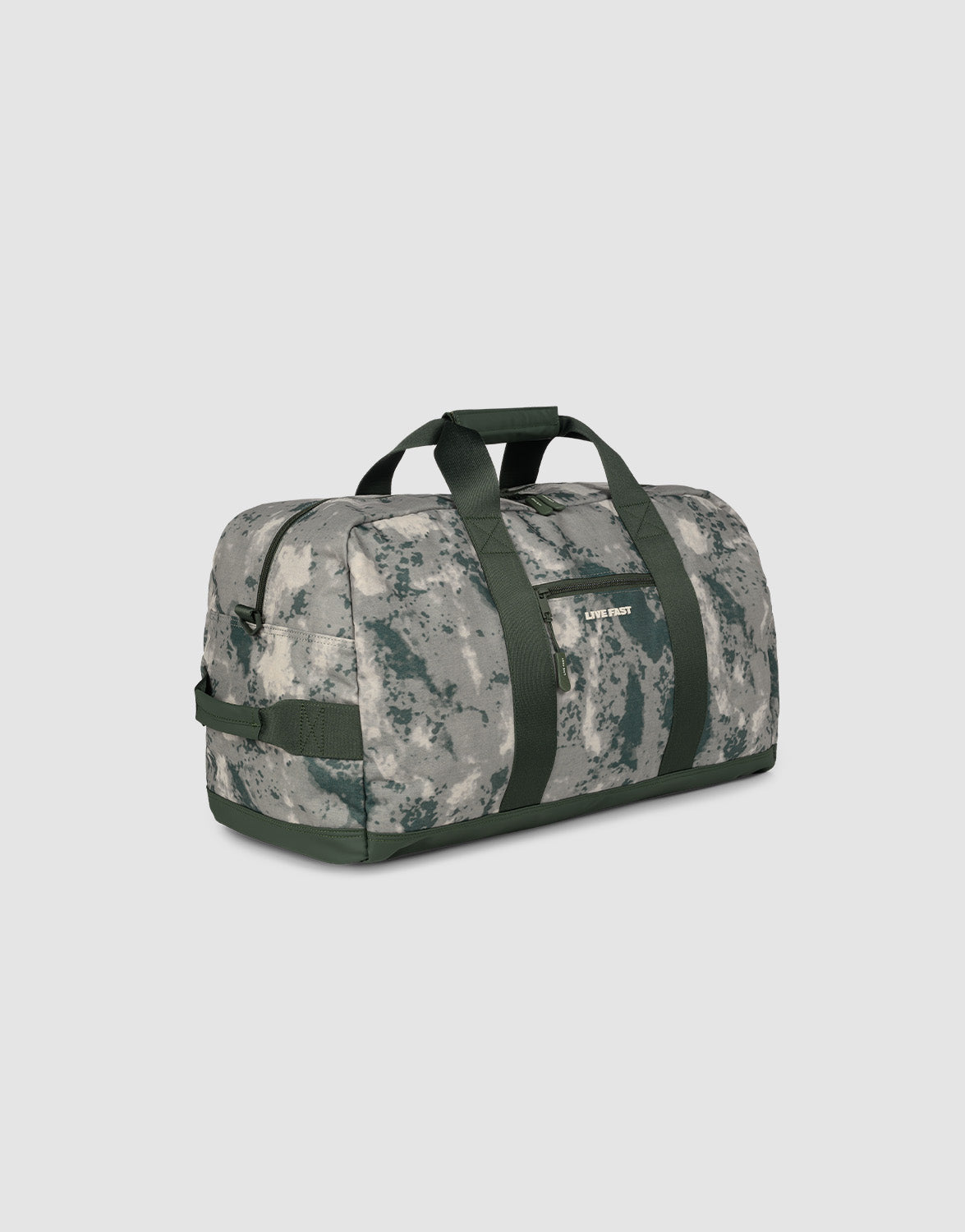 The LFDY Weekender 60 by LIVE FAST DIE YOUNG is a 43L sport bag with a mottled gray and green camouflage design, dark green handles, and an adjustable shoulder strap, shown on a plain light background.