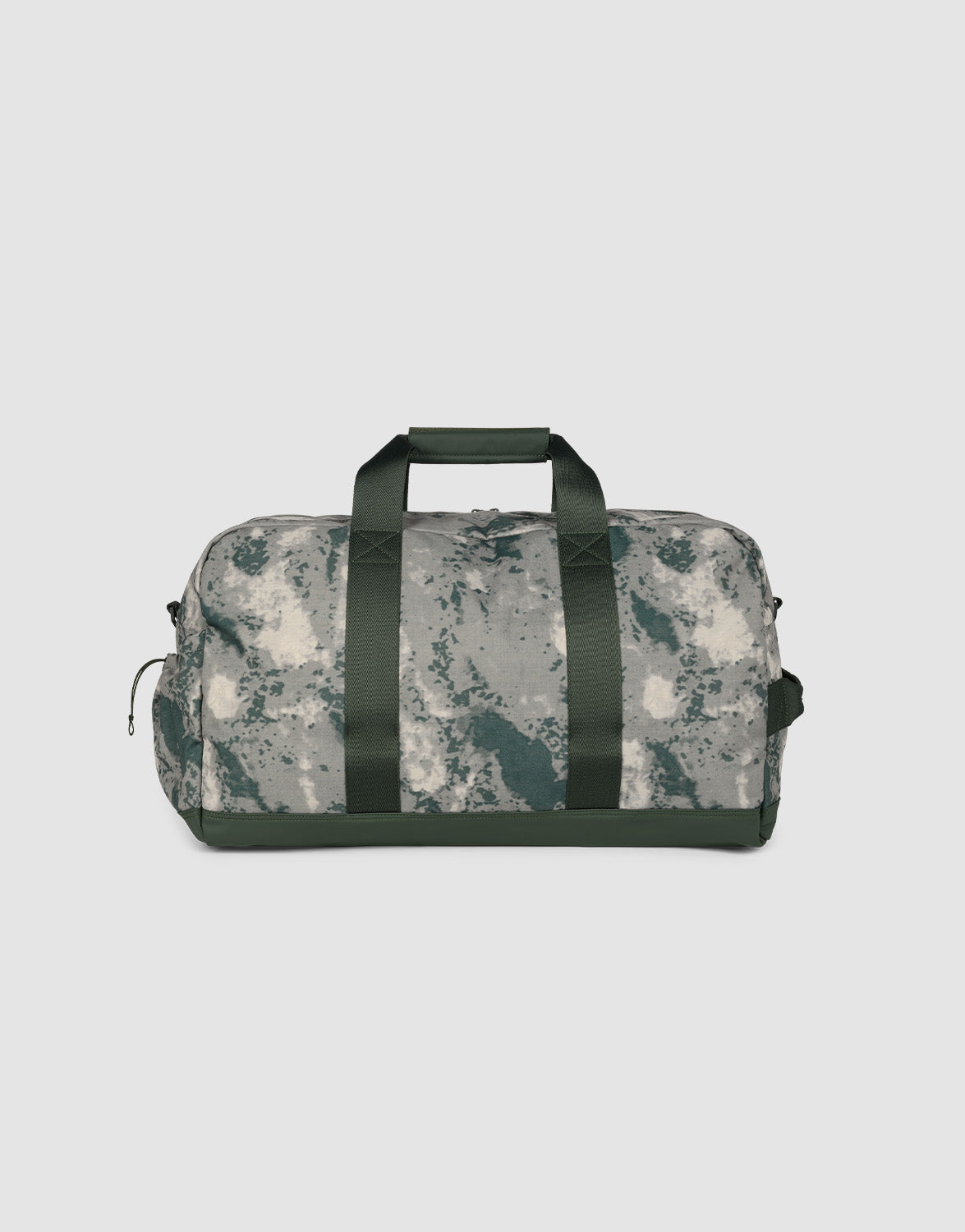 The LFDY Weekender 60 by LIVE FAST DIE YOUNG is a 43L sports bag with a green and white abstract camo pattern, dark green handles, zipper closure, and adjustable shoulder strap, shown on a plain light background.