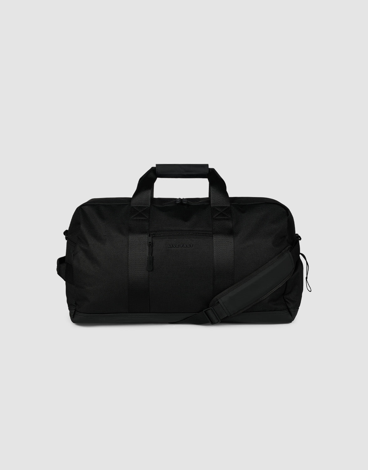 The LFDY Weekender 60 by LIVE FAST DIE YOUNG is a black 43L sport bag with dual carry handles, a removable shoulder strap, and a zippered main compartment, displayed against a plain light gray background. 