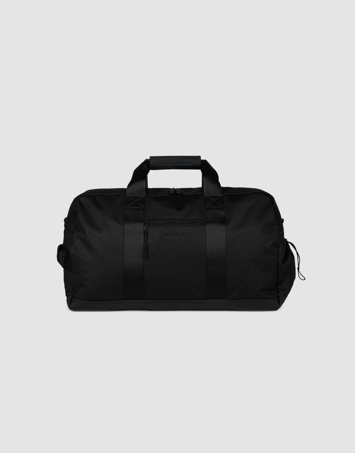 The LIVE FAST DIE YOUNG LFDY Weekender 60 is a black Sporttasche with two short handles, a detachable shoulder strap, zippered main compartment, and 60L capacity, shown against a plain light gray background.