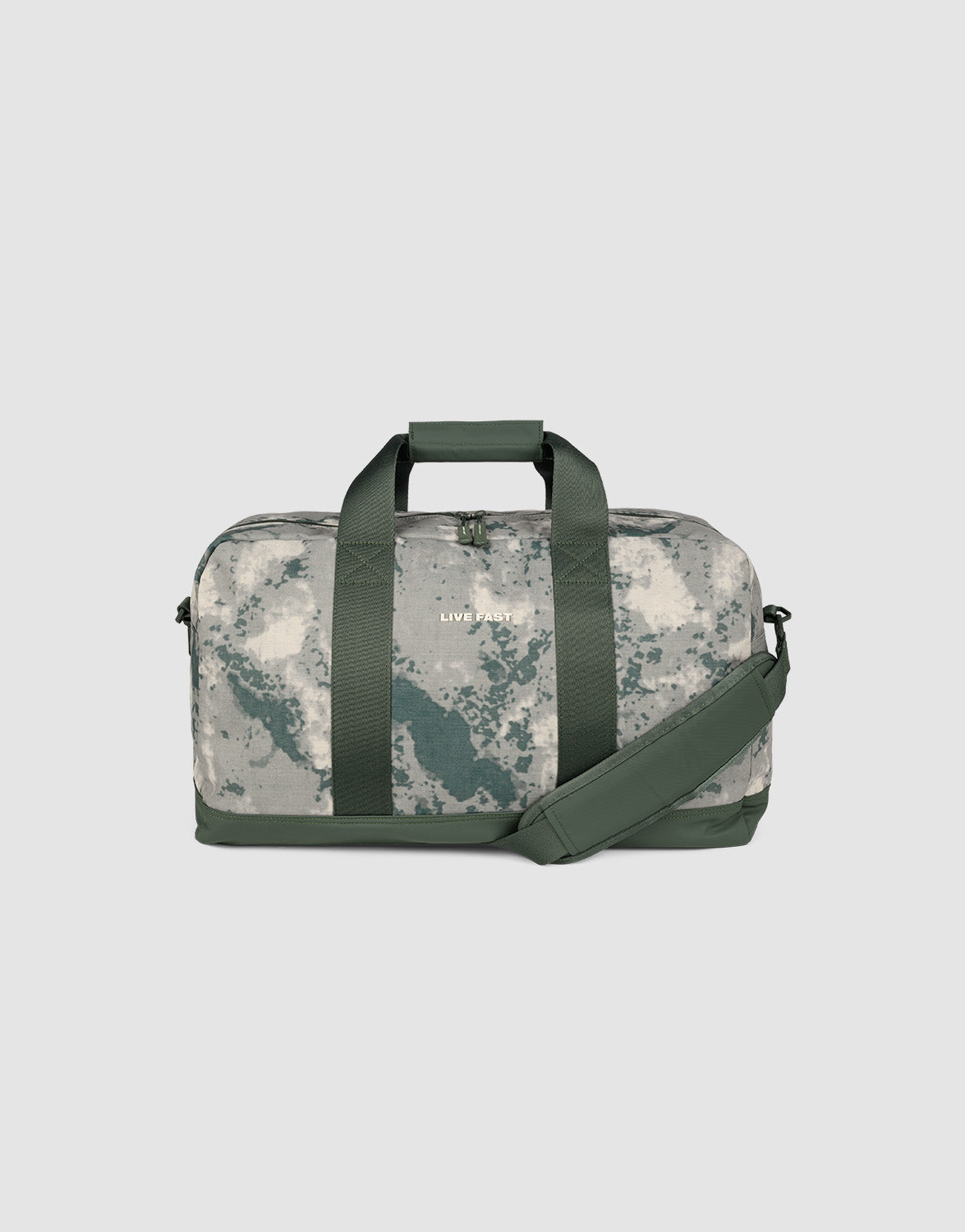 The LFDY Weekender 50 by LIVE FAST DIE YOUNG has dark green handles and strap, a gray-white marbled camo pattern, a spacious 50L compartment, and a removable shoulder strap for versatile use.