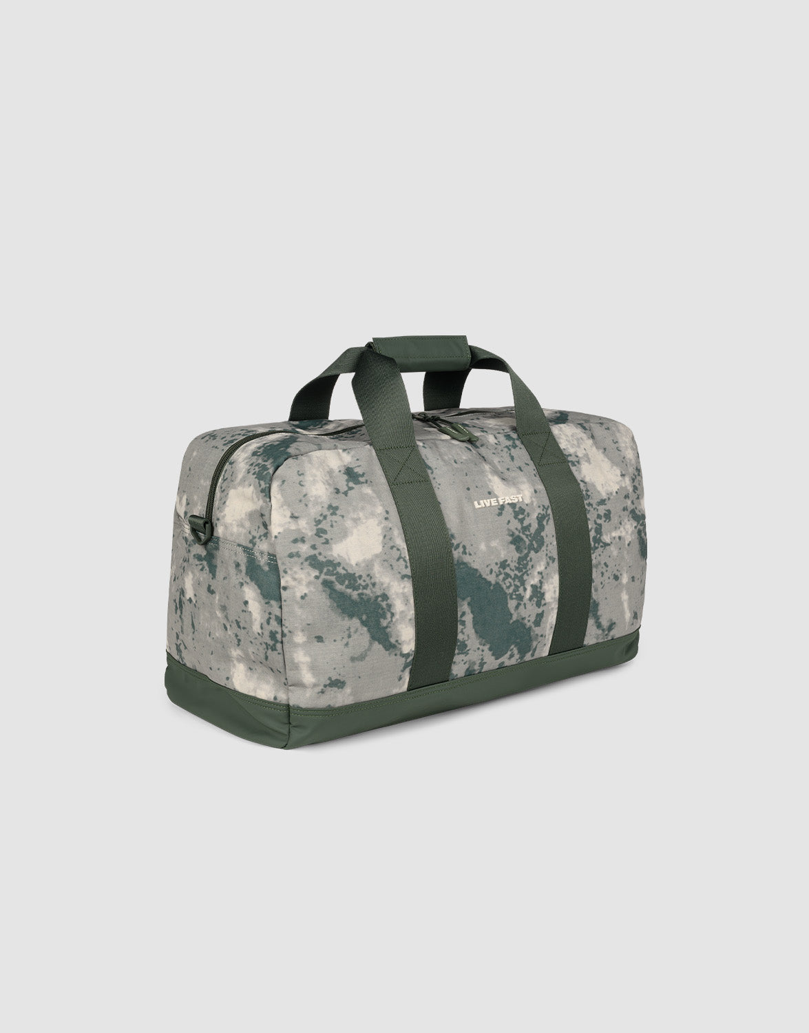 A gray and green LIVE FAST DIE YOUNG LFDY Weekender 50 duffel bag with cloud camouflage, two green handles, detachable shoulder strap, and zip top is displayed on a plain light gray background.