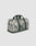 A gray and green LIVE FAST DIE YOUNG LFDY Weekender 50 duffel bag with cloud camouflage, two green handles, detachable shoulder strap, and zip top is displayed on a plain light gray background.