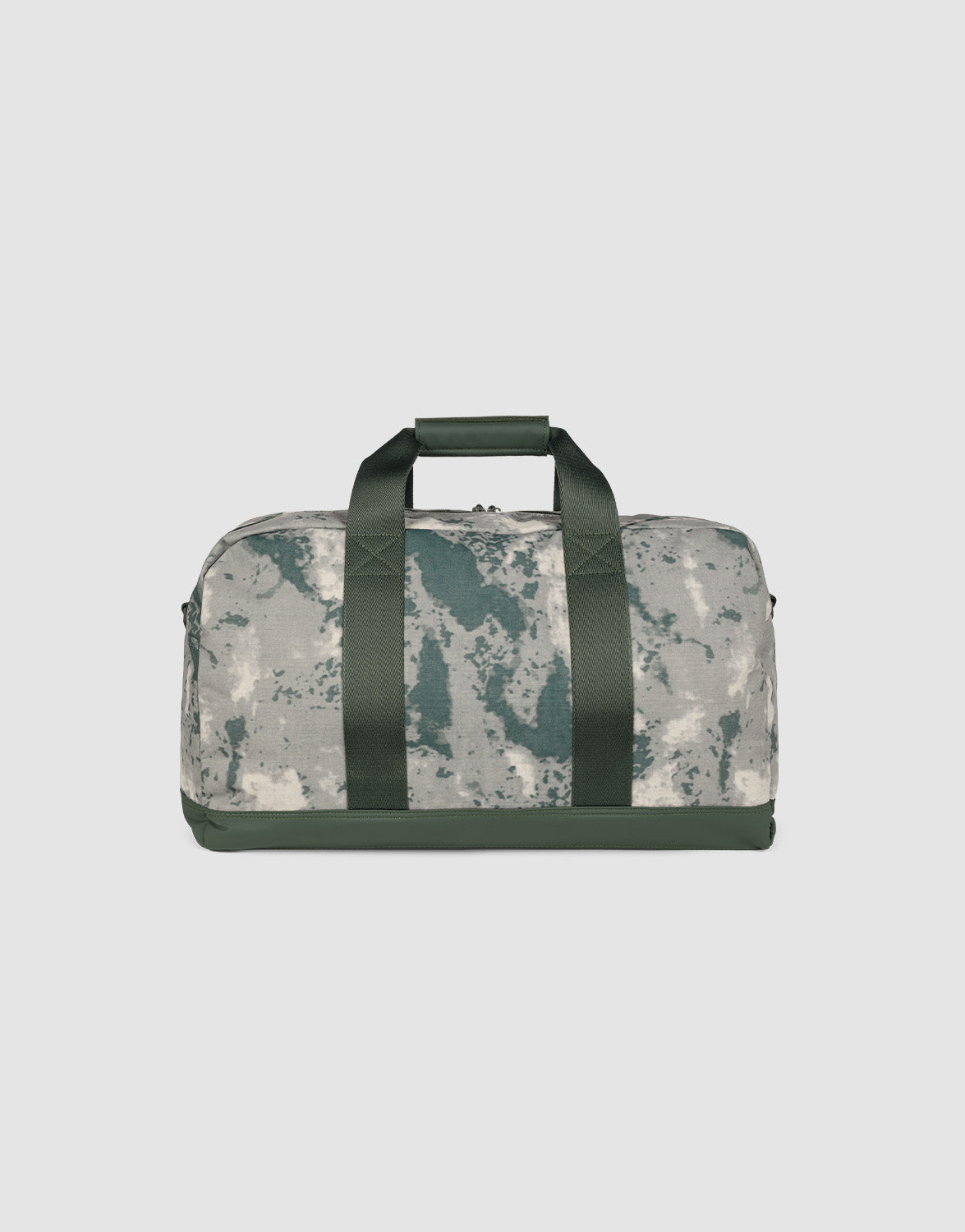 The LFDY Weekender 50 by LIVE FAST DIE YOUNG features a green and gray camouflage design, dark green handles, matching base, a large main compartment, and removable shoulder strap. Shown on a light gray background.