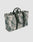 The LFDY Utility Bag by LIVE FAST DIE YOUNG is a spacious tote with sturdy dark green handles and an abstract gray, white, and green pattern. Pictured on a plain light background, it’s angled to show its front and side.