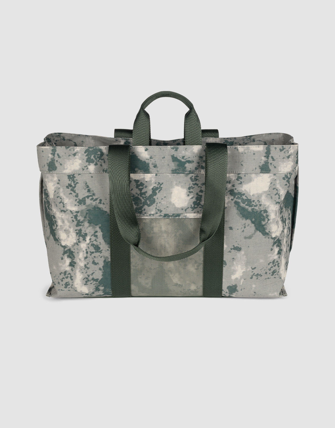 The LFDY Utility Bag by LIVE FAST DIE YOUNG features a green and gray digital camo pattern, two short handles, two long straps, and a spacious main compartment—perfect as a stylish laptop bag. Shown on a plain, light background.