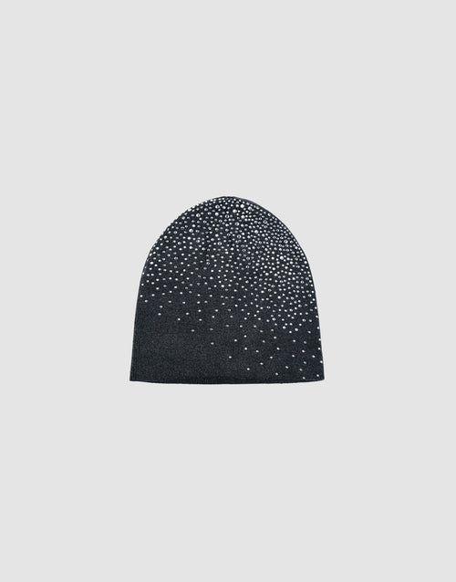 The LFDY Rhinestone Beanie by LIVE FAST DIE YOUNG is a black 100% Baumwolle knit hat, featuring small white rhinestones clustered densely at the top and spreading toward the bottom.