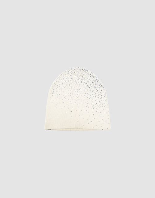 The LFDY Rhinestone Beanie by LIVE FAST DIE YOUNG is a white 100% Baumwolle knit hat, featuring scattered sparkling rhinestones and a subtle Flag-Label, shown on a plain light gray background.