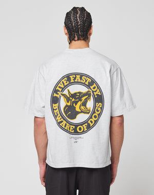 A person with braided hair wears the LFDY Circle Dog Tee by LIVE FAST DIE YOUNG, an oversize fit, light gray T-shirt with a vintage wash. Its back shows a snarling dog and bold yellow “LIVE FAST DIE” and “BEWARE OF DOGS” circular graphics.