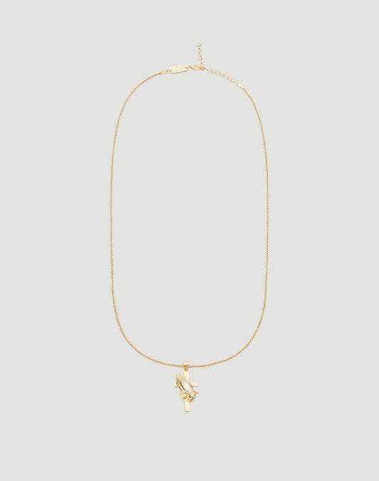 The LFDY Praying Chain by LIVE FAST DIE YOUNG features a gold box chain and a pendant with praying hands on a cross, shown against a light gray background.
