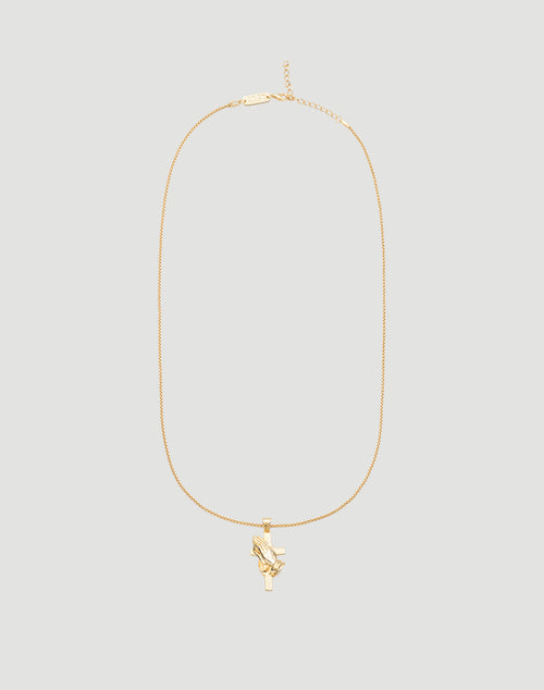 The LFDY Praying Chain by LIVE FAST DIE YOUNG features a gold box chain and a pendant with praying hands on a cross, shown against a light gray background.