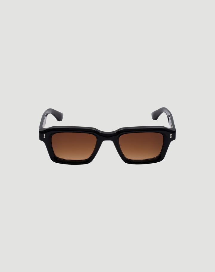 The LFDY x Chimi Shades 03 by LIVE FAST DIE YOUNG feature thick black rectangular Acetat frames and brown CR39 lenses with UV protection, shown on a plain light gray background.