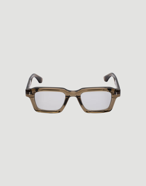 Front view of LFDY x Chimi Shades 03 by LIVE FAST DIE YOUNG: rectangular glasses with thick, translucent brown acetate frames and clear photochromic CR39 lenses, set against a plain white background.