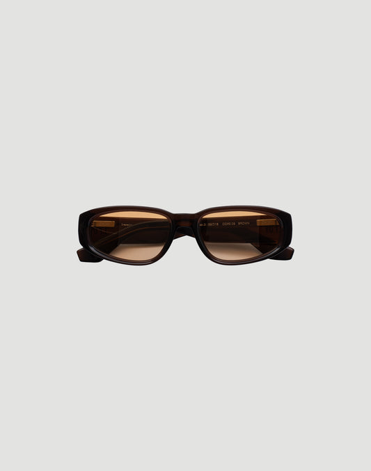 LIVE FAST DIE YOUNGs LFDY x Chimi Shades 09 feature rectangular dark brown acetate frames and CR39 lenses with reliable UV protection, showcased against a plain light gray background.