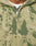 Close-up of the Camo Hooded Zip by LIVE FAST DIE YOUNG, a green and beige zip-up hoodie with a splatter pattern, soft cotton feel, oversize fit for comfort, Live embroidered in white on the right chest, and a partially open zipper.