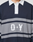A person wears the LFDY Striped Polo from LIVE FAST DIE YOUNG, featuring navy and gray stripes, a white collar with button placket, and large white "O Y" letters on the front. The person's face is not shown.