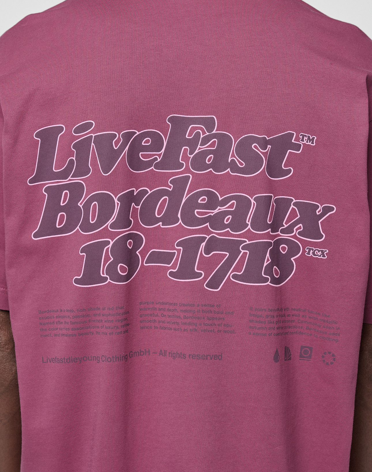 A close-up of the back of a mauve Basic 210 Tee by LIVE FAST DIE YOUNG, featuring bold "LiveFast Bordeaux 18-1718" lettering and smaller company and care info below. Made from 100% Baumwolle.