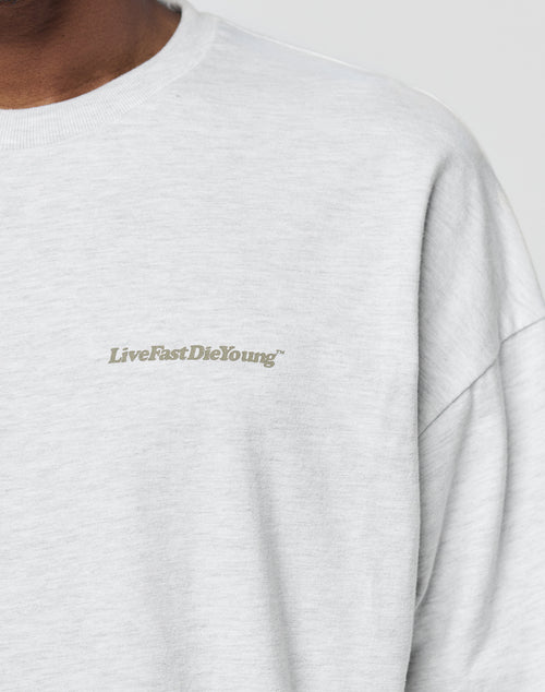 A close-up of someone wearing the LIVE FAST DIE YOUNG Basic Longsleeve, an oversize fit light gray sweatshirt crafted from 100% Baumwolle, with a subtle chest logo-print in small gray “LiveFastDieYoung” capitals. Face not fully shown.