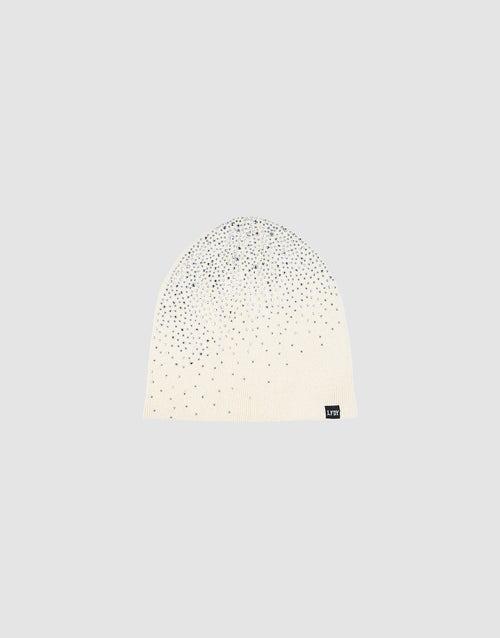 The LFDY Rhinestone Beanie by LIVE FAST DIE YOUNG is a white 100% Baumwolle knit, adorned with silver rhinestones and finished with a small black flag-label, shown on a plain light gray background.