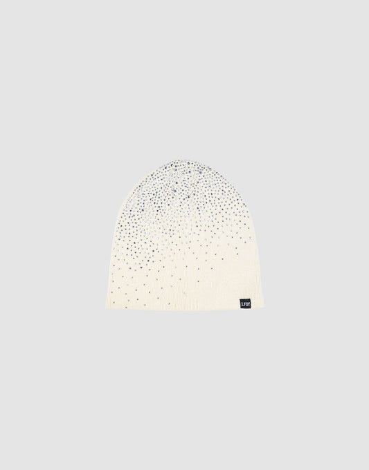 The LFDY Rhinestone Beanie by LIVE FAST DIE YOUNG is a white 100% Baumwolle knit, adorned with silver rhinestones and finished with a small black flag-label, shown on a plain light gray background.