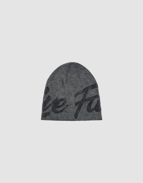 The LFDY Jacquard Rhinestone Beanie by LIVE FAST DIE YOUNG features black cursive lettering and subtle rhinestones on a gray knit, shown against a plain light gray background.
