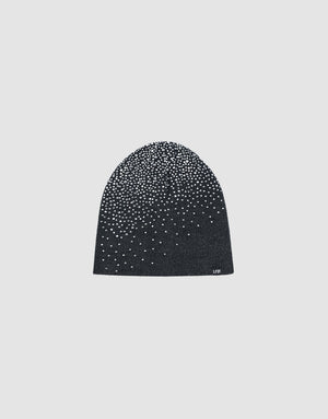 The LFDY Rhinestone Beanie by LIVE FAST DIE YOUNG is a black 100% Baumwolle knit beanie, featuring scattered white rhinestones in a gradient pattern from top down, shown against a plain light gray background.