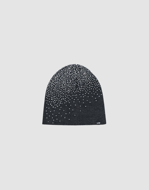 The LFDY Rhinestone Beanie by LIVE FAST DIE YOUNG is a black 100% Baumwolle knit beanie, featuring scattered white rhinestones in a gradient pattern from top down, shown against a plain light gray background.