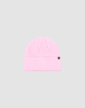 A light pink Double Rib Knit Beanie by LIVE FAST DIE YOUNG, One Size, with a folded cuff and a small black rectangular flag label on the cuff, displayed on a plain light gray background.