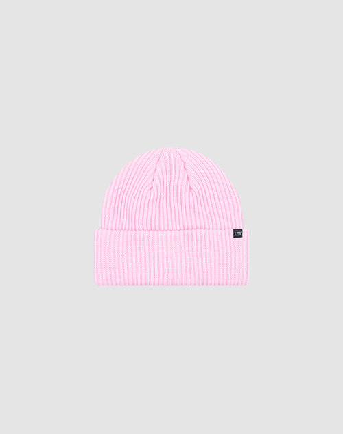 A light pink Double Rib Knit Beanie by LIVE FAST DIE YOUNG, One Size, with a folded cuff and a small black rectangular flag label on the cuff, displayed on a plain light gray background.