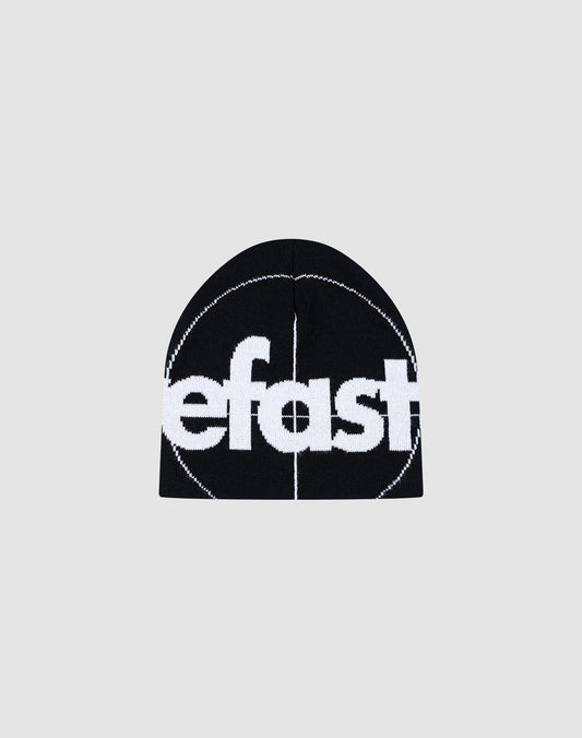 The LFDY Target Beanie by LIVE FAST DIE YOUNG is a black polyacryl beanie featuring bold white "efast" Logostrick text on the front, shown against a plain light gray background.| plain 