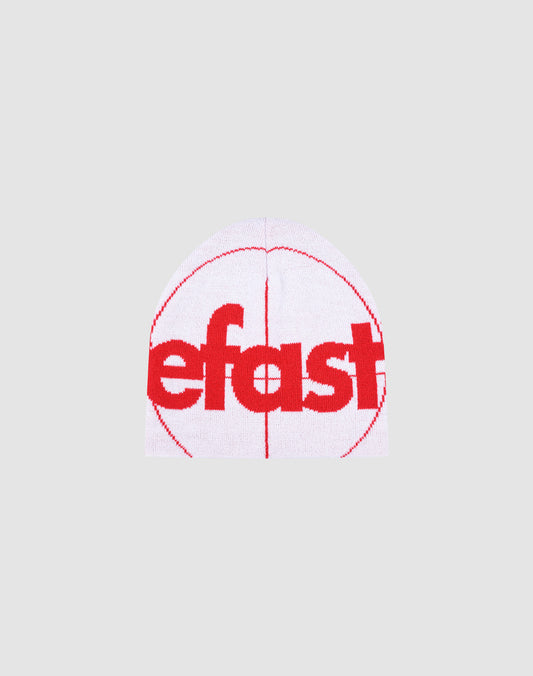 The LFDY Target Beanie by LIVE FAST DIE YOUNG is a white polyacryl beanie with bold red "efast" logostrick text and a partial red circle on a plain light grey background.| plain 