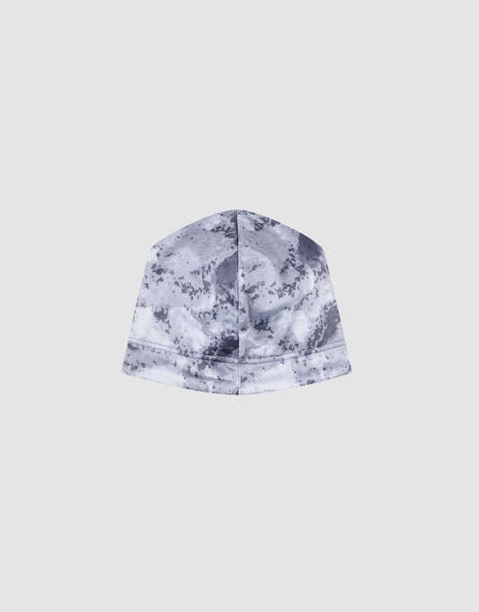The LIVE FAST DIE YOUNG Live Fast Performance Beanie, featuring a gray and white tie-dye design and fleece lining, is displayed from the back against a light gray background, showing the vertical center seam.