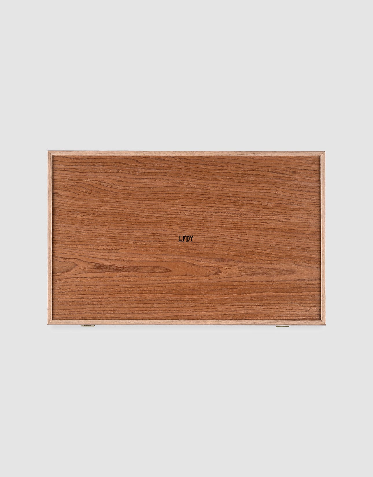 Rectangular LFDY Backgammon box in smooth walnut wood, shown frontally on a white background. "LFYT" is boldly centered in small black letters. Handcrafted in Greece by LIVE FAST DIE YOUNG, limited special edition.