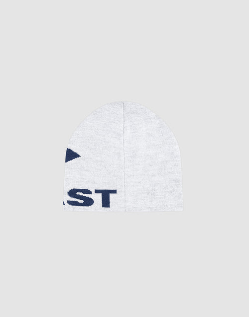 The LIVE FAST DIE YOUNG Live Fast LF Beanie is a light gray 100% Polyacryl knit hat with Jacquard Artwork and dark blue lettering on the lower left, shown against a plain light gray background.
