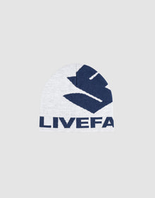 The LIVE FAST DIE YOUNG Live Fast LF Beanie is a light gray 100% Polyacryl beanie, featuring a large dark blue abstract Jacquard Artwork and the bold partial word “LIVEFA” across the front. Style code: LF2603-20073.