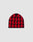 The LF Monogram Beanie by LIVE FAST DIE YOUNG is a red and black polyacryl knit hat with a bold geometric zigzag pattern and Jacquard Monogram, displayed on a plain light gray background.