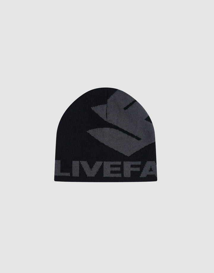 The Live Fast LF Beanie by LIVE FAST DIE YOUNG is a black polyacryl hat with jacquard artwork, featuring a large gray abstract logo and the bold partial word "LIVEFA" on the front (style LF2603-20084), shown on a light gray background.
