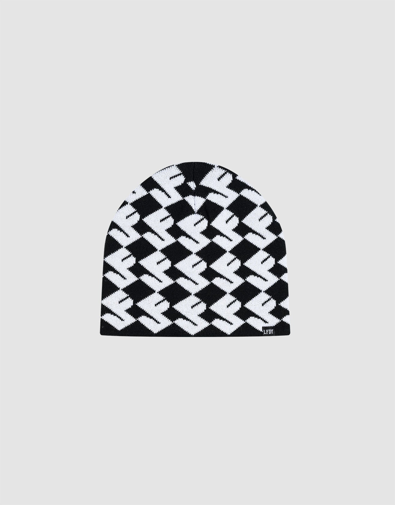 The LF Monogram Beanie by LIVE FAST DIE YOUNG is a black and white polyacryl knit featuring a bold zigzag Jacquard Monogram Muster and finished with a stylish flaglabel.