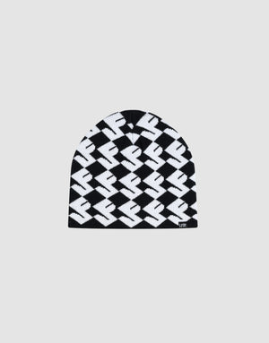 The LF Monogram Beanie by LIVE FAST DIE YOUNG is a black and white polyacryl knit featuring a bold zigzag Jacquard Monogram Muster and finished with a stylish flaglabel.