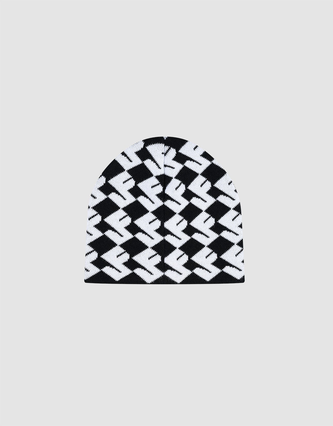 The LF Monogram Beanie by LIVE FAST DIE YOUNG is a black and white Polyacryl knit featuring a bold geometric zigzag Jacquard Monogram Muster pattern and subtle Flaglabel, shown on a plain light gray background.