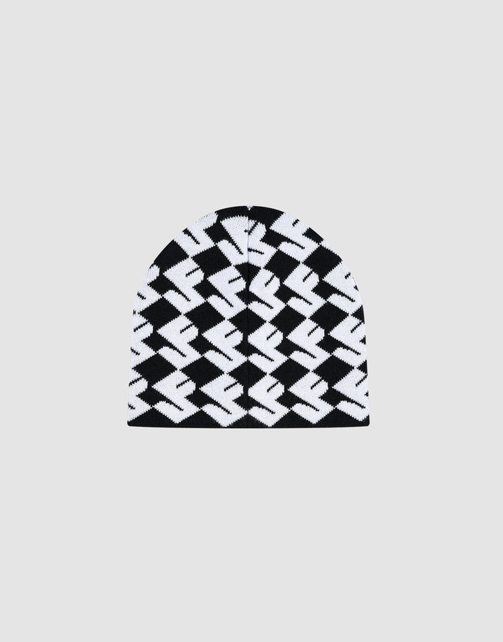 The LF Monogram Beanie by LIVE FAST DIE YOUNG is a black and white Polyacryl knit featuring a bold geometric zigzag Jacquard Monogram Muster pattern and subtle Flaglabel, shown on a plain light gray background.