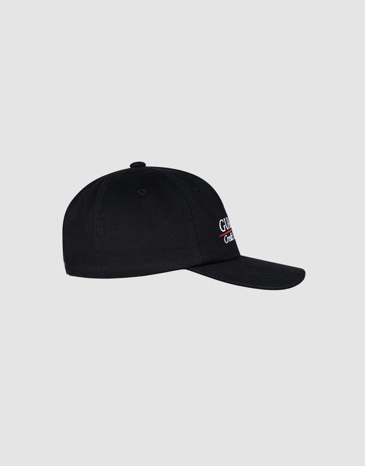 Side view of the black LFDY Guaranteed Cap by LIVE FAST DIE YOUNG, an unstructured 5-panel cap with a curved brim, featuring small white and red text on the front, made from 100% polyester, shown on a plain light gray background.